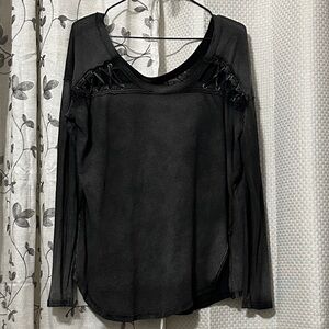 Free People Washed Black Long Sleeve Top with Lace-Up Detail